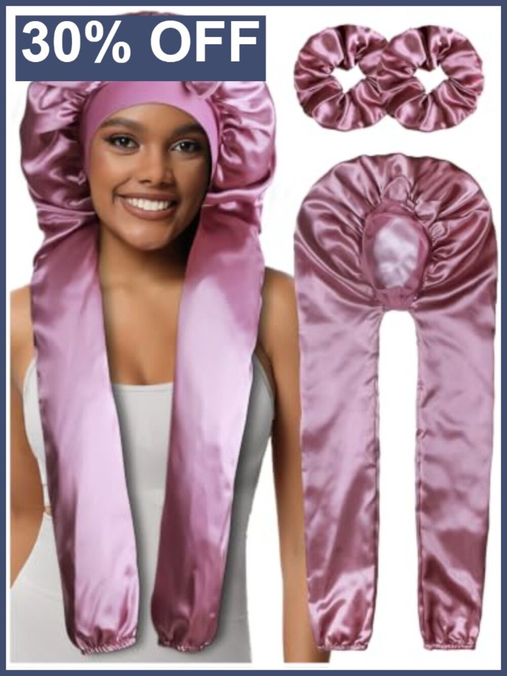 Extra Large Satin Sleep Bonnet for Long Hair & Braids with 2 Scrunchies